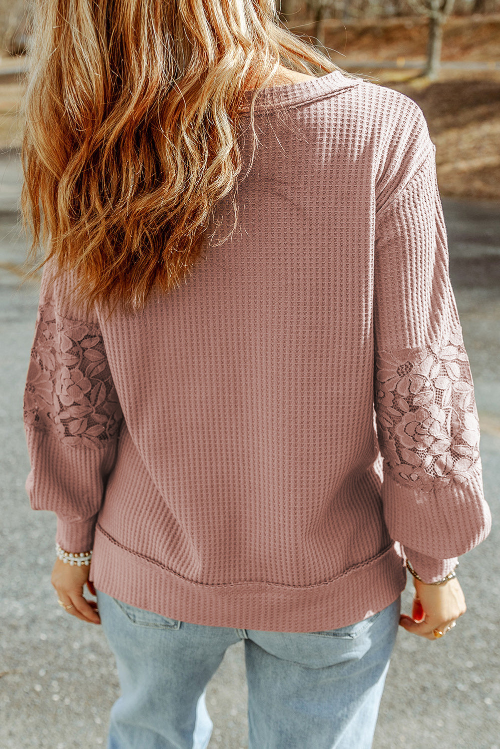 Lace Waffle Patchwork Strappy V Neck Long Sleeve Top