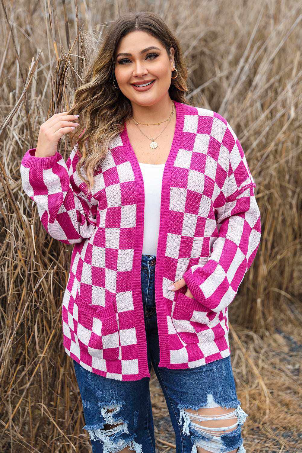 Checkered Pattern Open Front Plus Size Cardigan