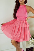 Gauze Ruffle Tiered Knotted Halter Dress