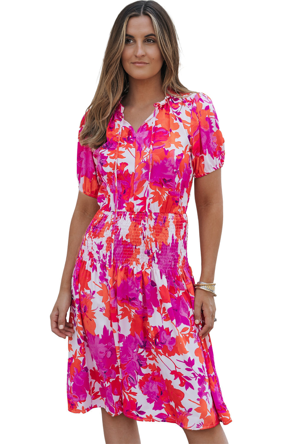 Floral Smocked Waist Bubble Sleeve Flare Dress