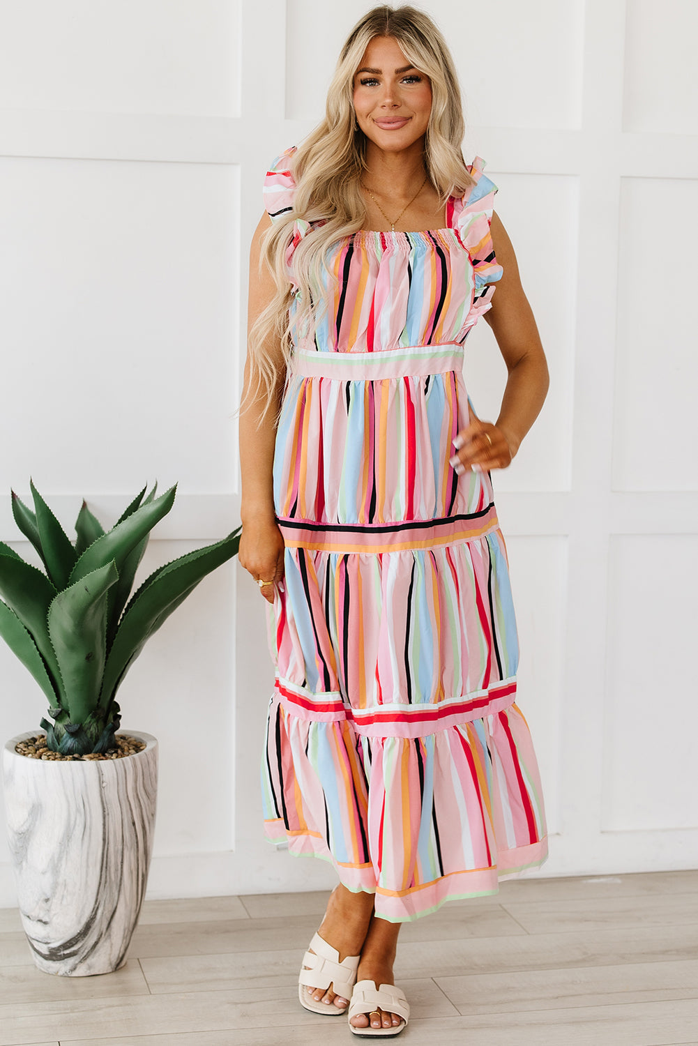 Rainbow Stripe Ruffles Ruched Tiered Dress