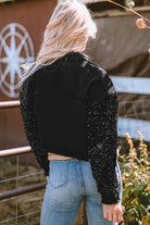 Sequin Sleeve Pocketed Raw Hem Denim Jacket