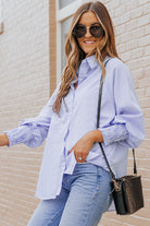 Smocked Cuffed Striped Boyfriend Shirt with Pocket