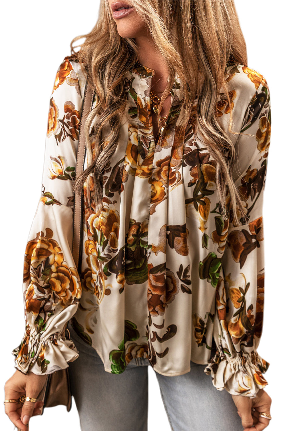 Gorgeous Floral Split Neck Flounce Sleeve Blouse