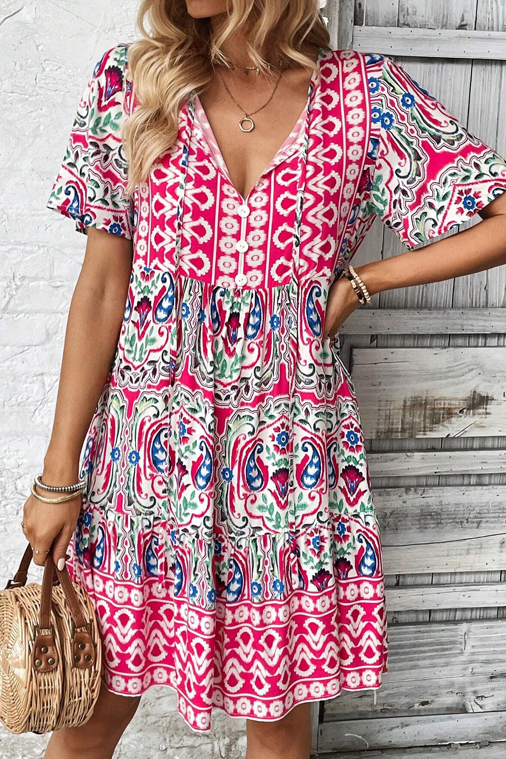 Bohemian Print Tie Neck Ruffle Hem Short Dress