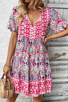 Bohemian Print Tie Neck Ruffle Hem Short Dress