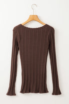 Solid Color Rib Knit U Neck Slim Fit Long Sleeve Top