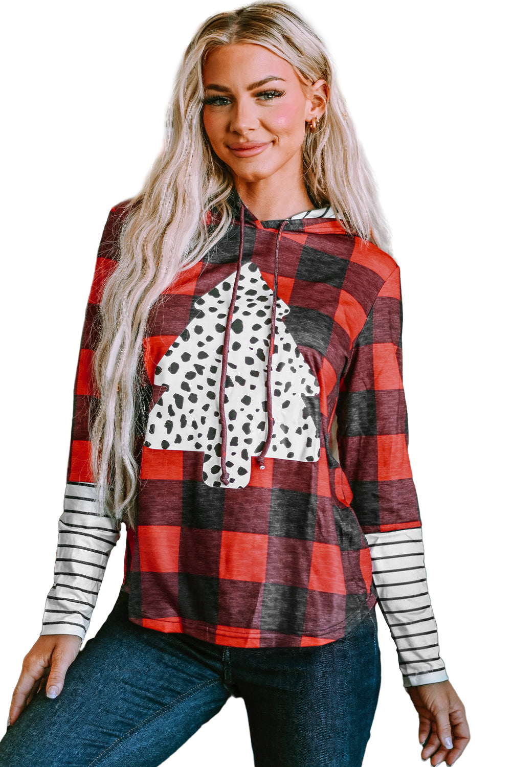 Plaid Patch Sleeve Leopard Christmas Tree Graphic Hoodie