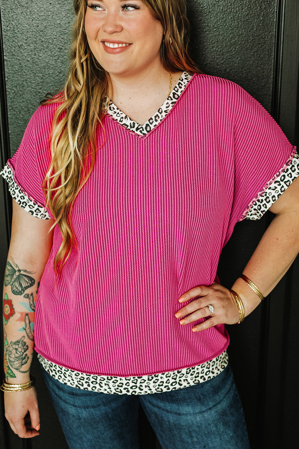 Leopard Trim V Neck Short Sleeve Plus Size Corded Top