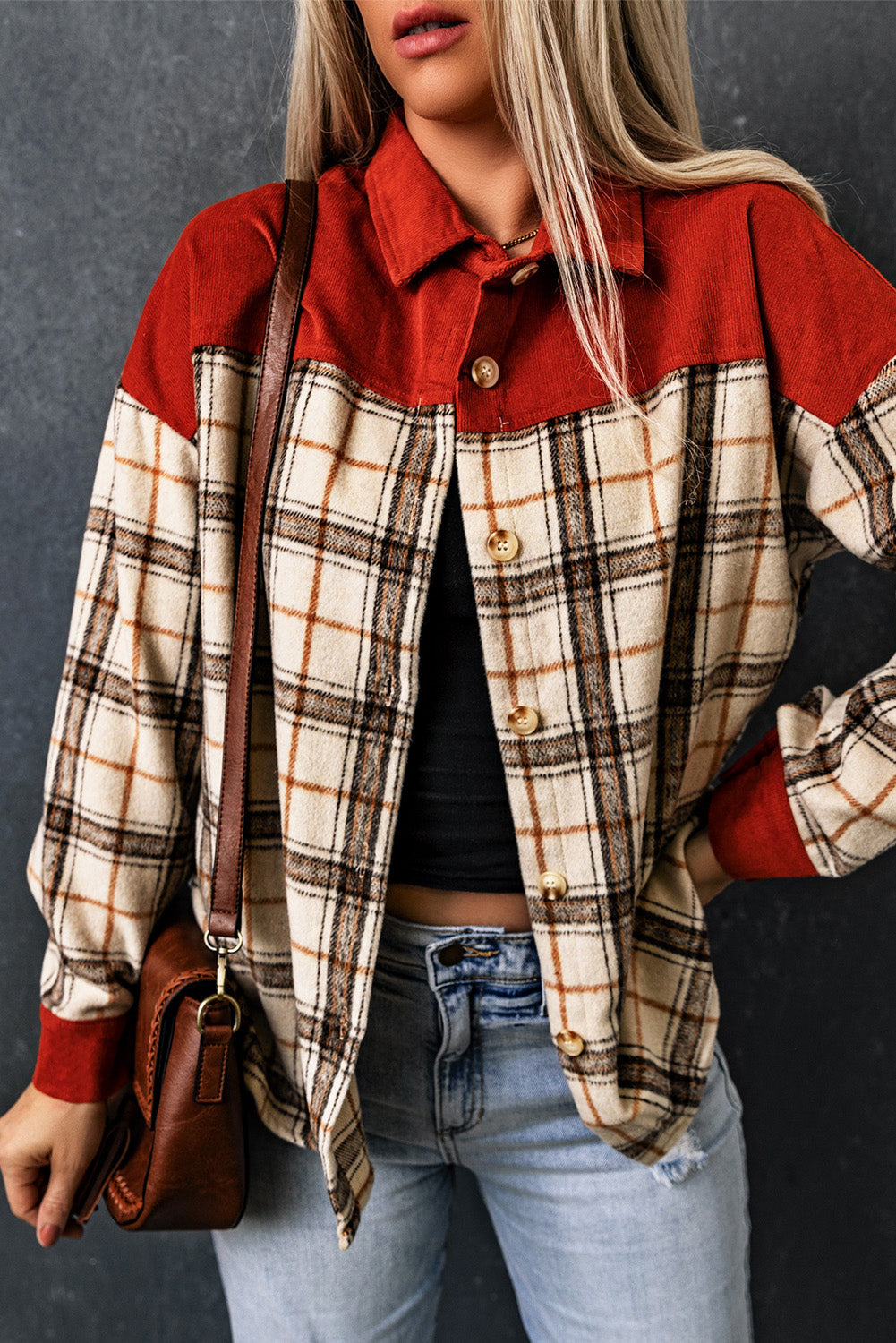 Orange Contrast Corduroy Plaid Shacket