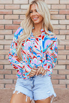 Abstract Print Frilly Neck Ruffled Sleeve Blouse