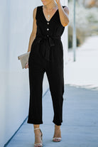 Black V Neck Button Belted Jumpsuit with Pockets