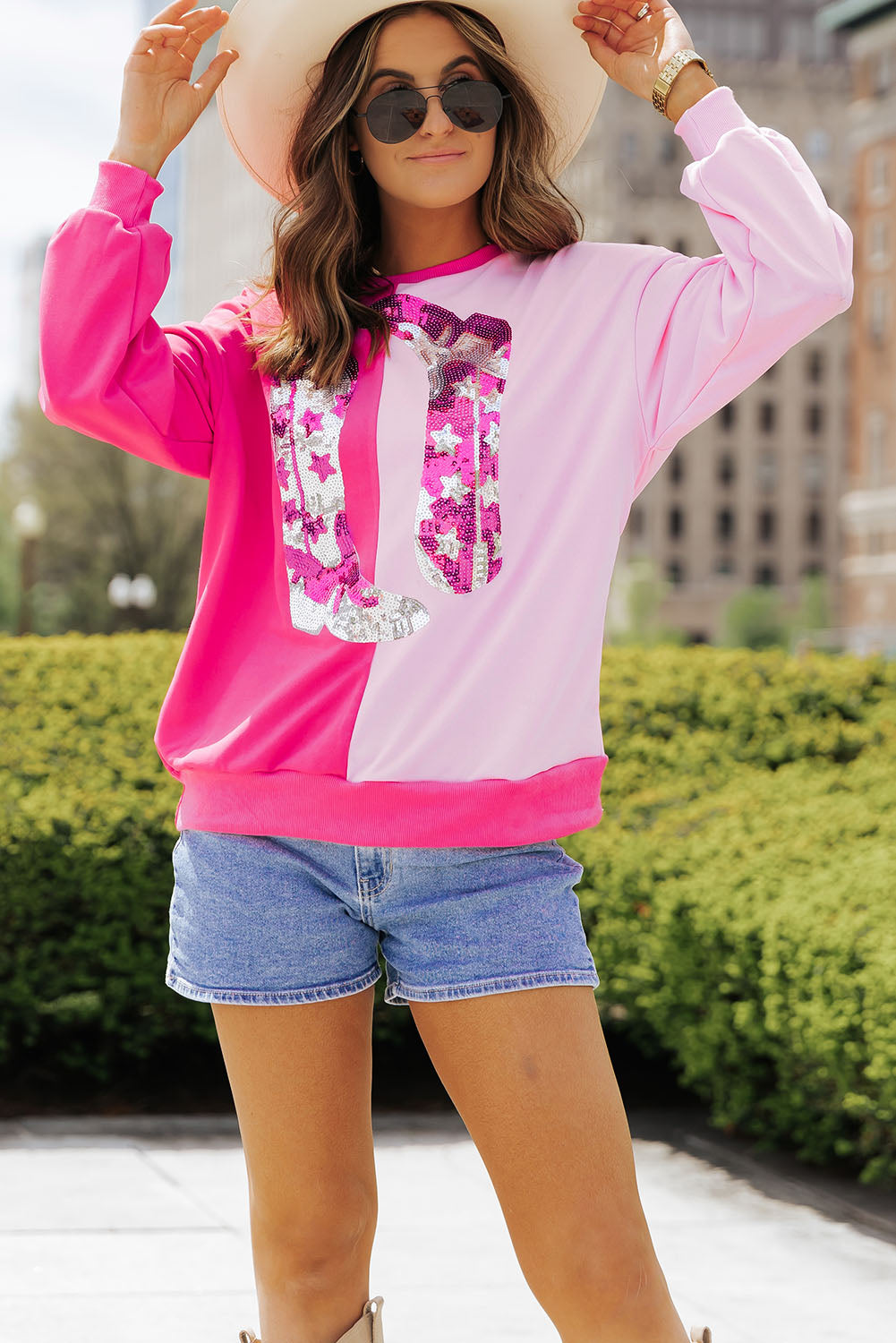 Color Block Sequined Cowgirl Boots Graphic Sweatshirt