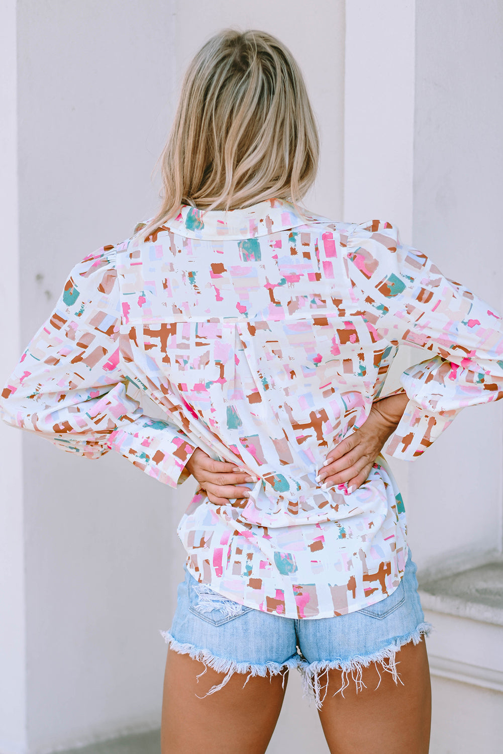 Abstract Print Lantern Sleeve Casual Shirt