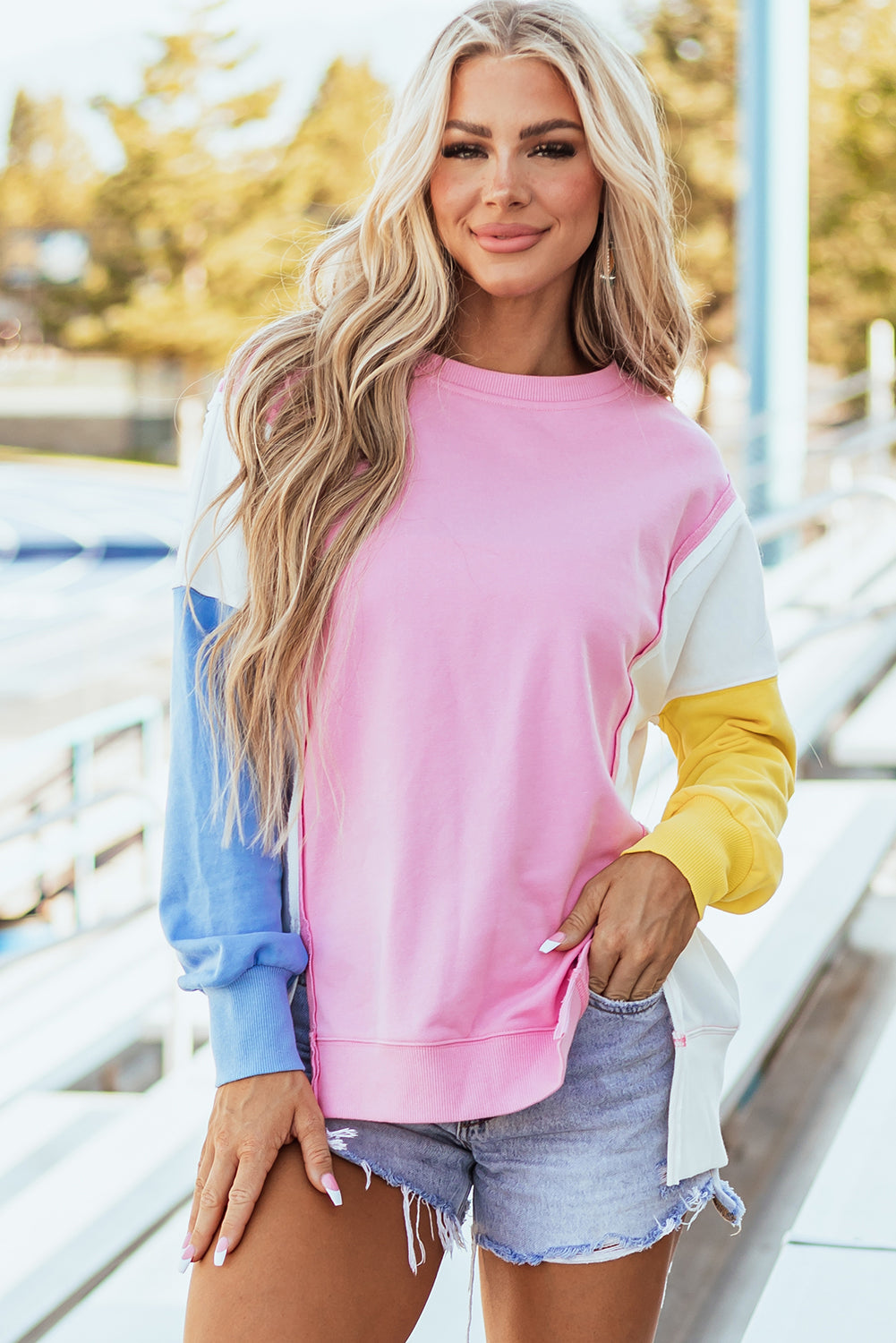 Color Block Exposed Seam Side Slits Crewneck Sweatshirt