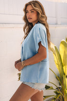 Split V Neck Oversized Denim Blouse