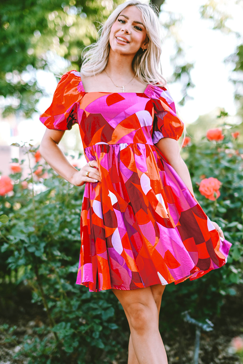 Abstract Print Square Neck Puff Sleeve Dress