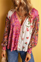 Floral Patchwork Shirred Cuff Buttoned V Neck Blouse