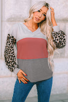 Wild Leopard Contrast Sleeve Colorblock Waffle Knit Top