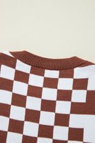 Checkered Print Drop Shoulder Round Neck Sweater