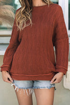 Solid Color Textured Crew Neck Loose Sweater