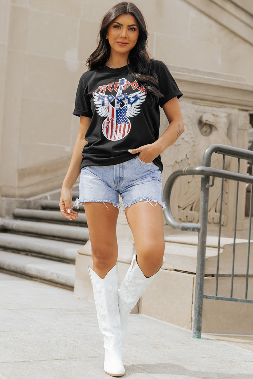 American Flag Guitar Print Crew Neck Tee