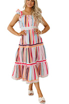 Rainbow Stripe Ruffles Ruched Tiered Dress