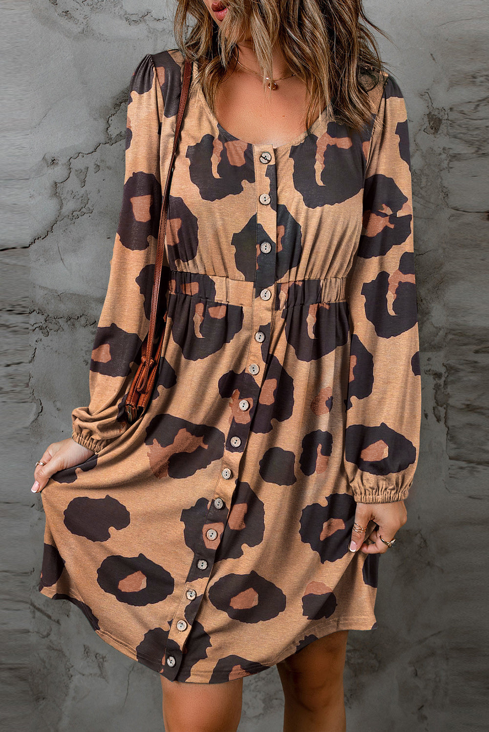 Print Button Front Bubble Sleeve Loose Knit Dress