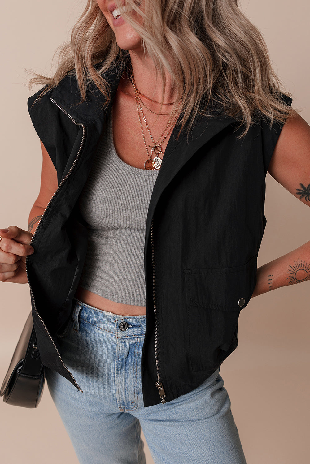 Flap Pockets Zip Up High Neck Vest