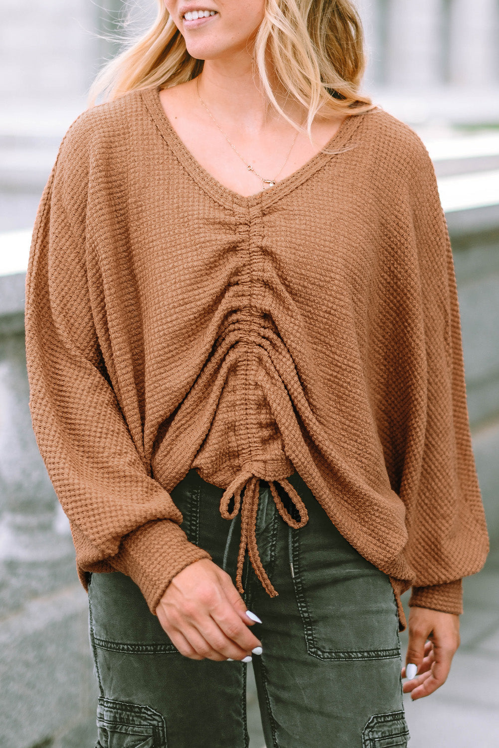 V-Neck Drawstring Dolman Sleeve Waffle Knit Top