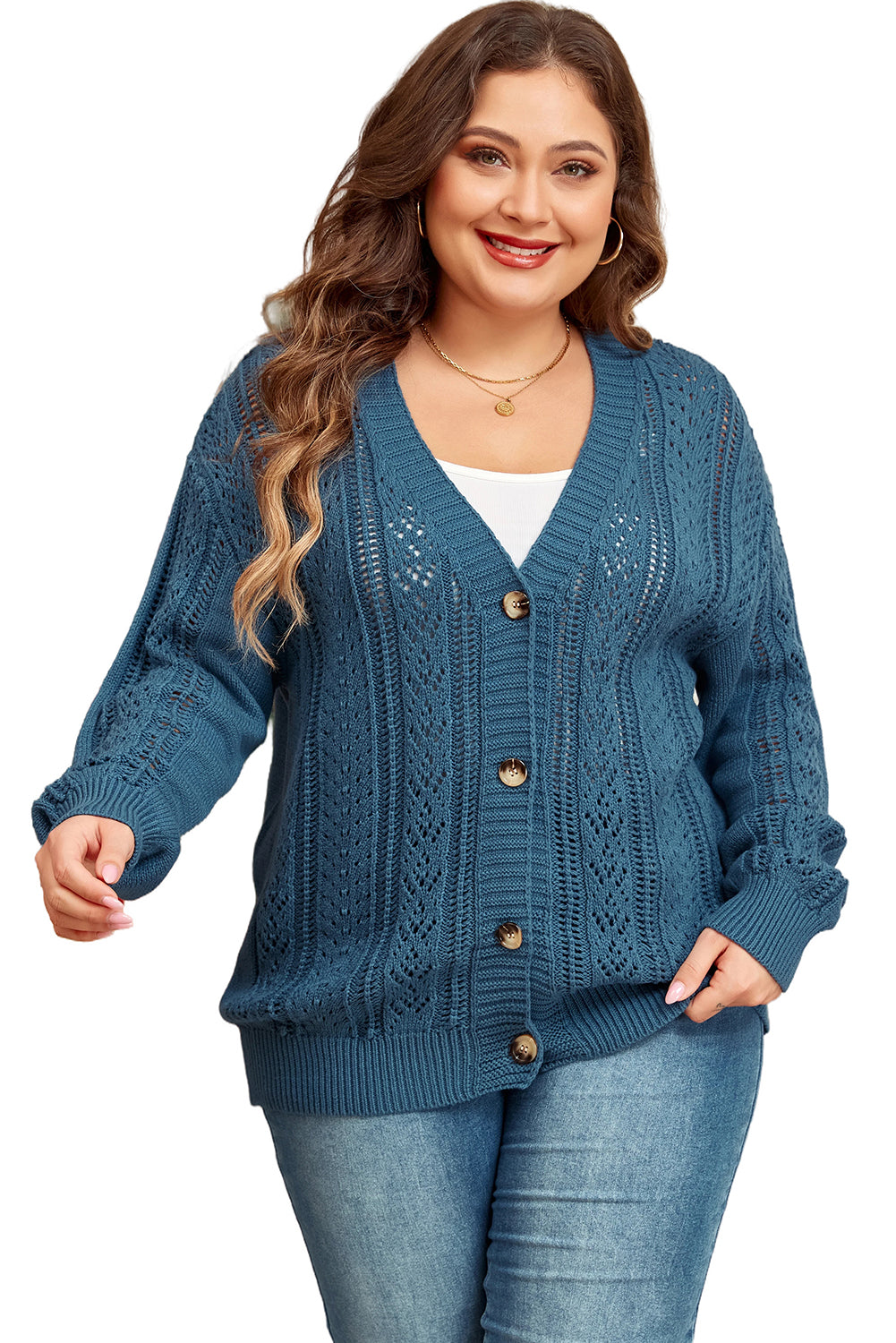 Open Knit V Neck Button Front Drop Shoulder Plus Size Cardigan