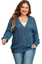 Open Knit V Neck Button Front Drop Shoulder Plus Size Cardigan