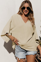 Solid V Neck Wide Sleeve Crinkled Blouse