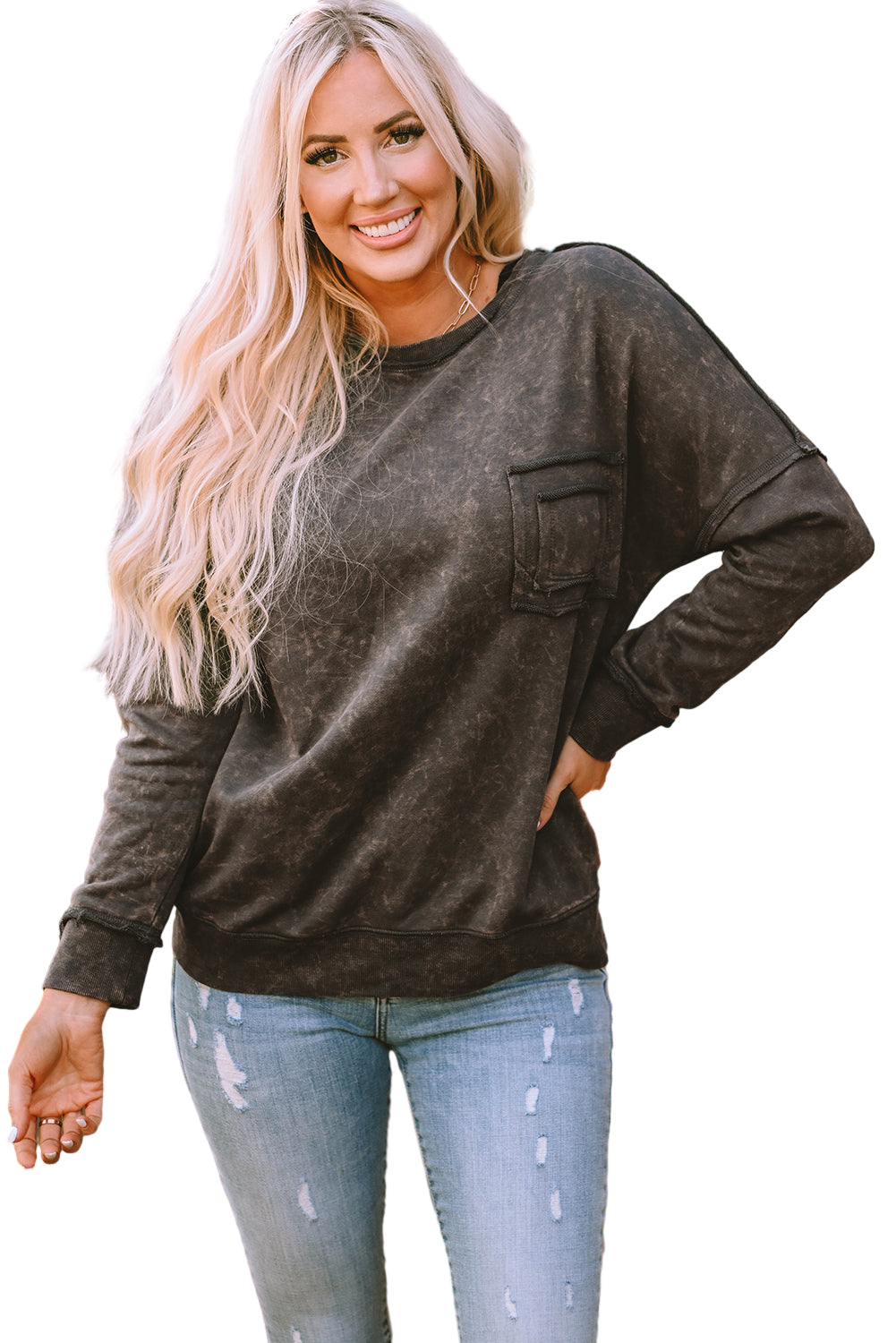 Acid Wash Drop Shoulder Long Sleeve Sweatshirt with Pockets