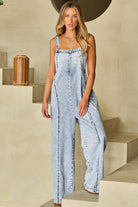 Light Wash Frayed Exposed Seam Wide Leg Denim Overall