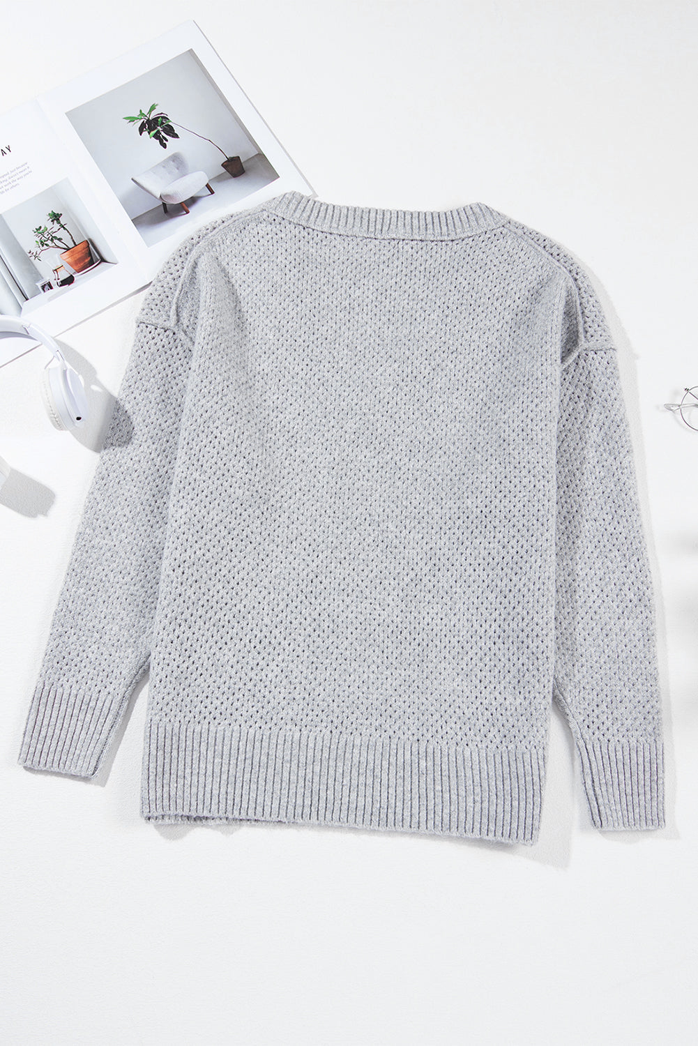 Loose Eyelet V Neck Drop Shoulder Sweater