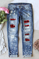 Sky Blue Buffalo Plaid Patch Christmas Snowflake Distressed Straight Jeans