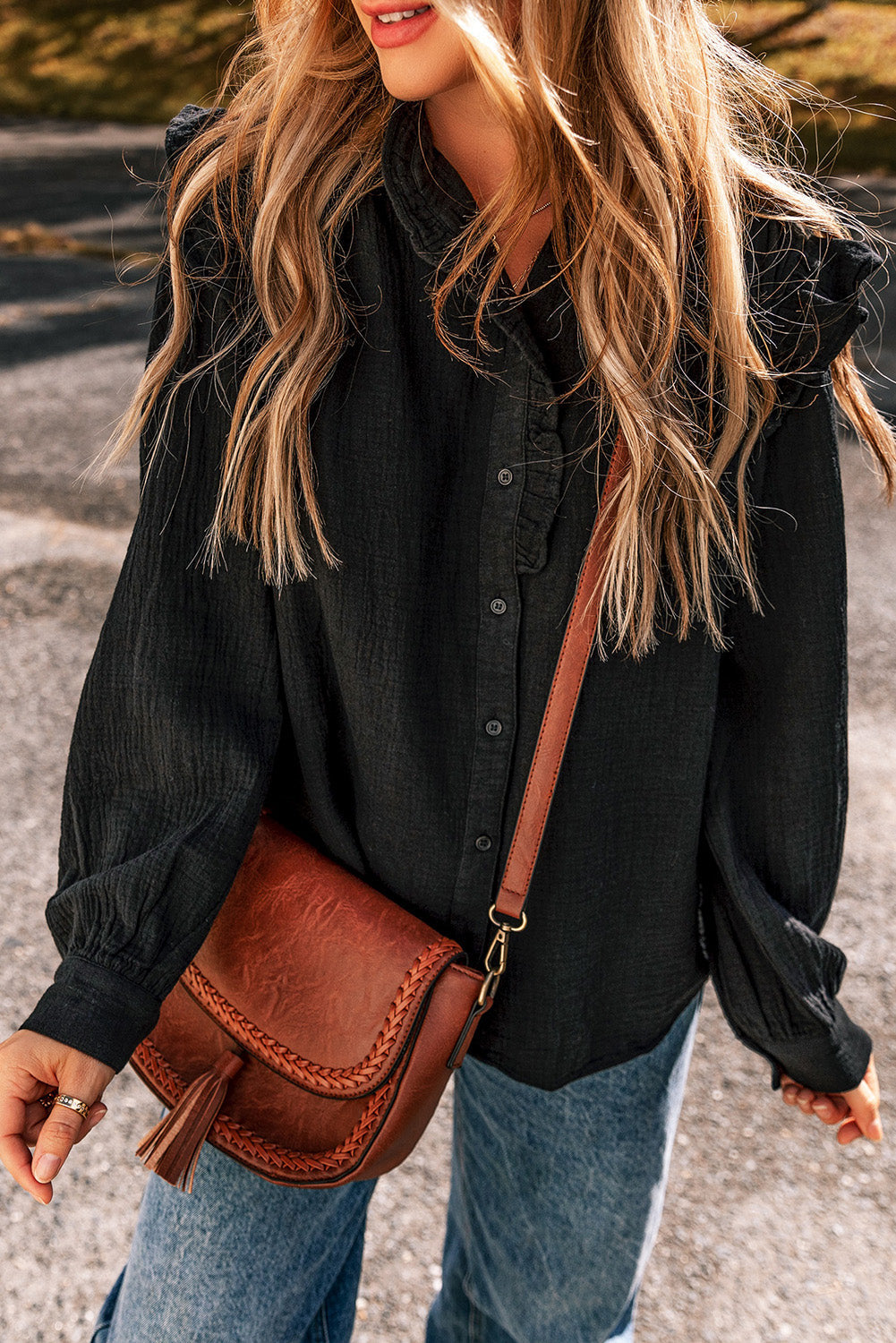 Textured Ruffled Trim Buttoned Loose Fit Shirt