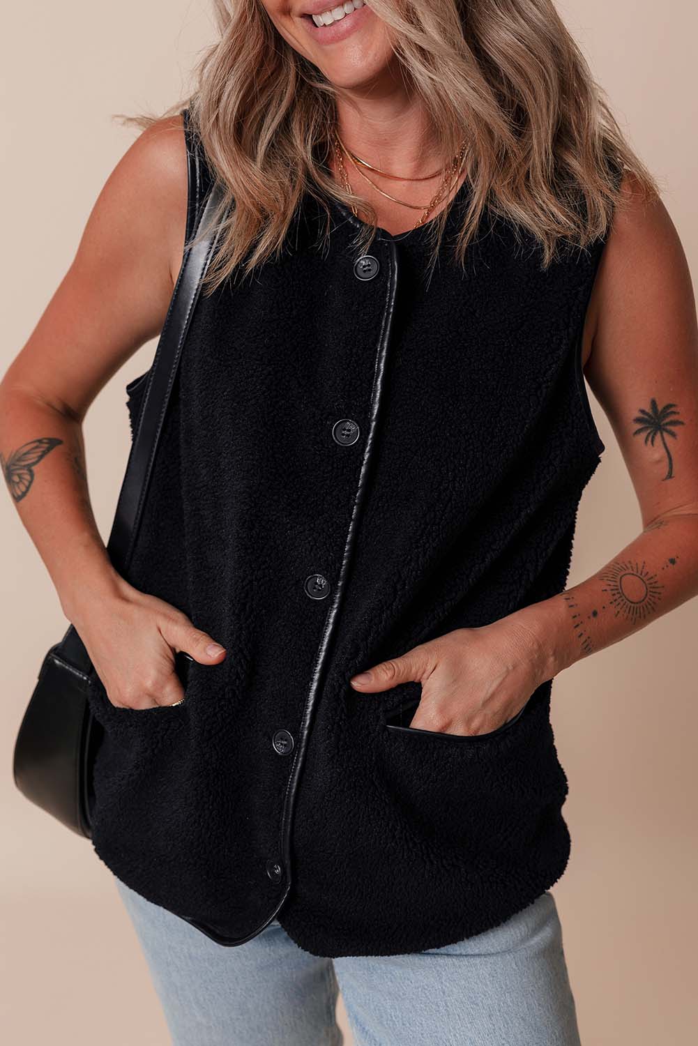 Leather Contrast Side Pockets Buttoned Fleece Vest