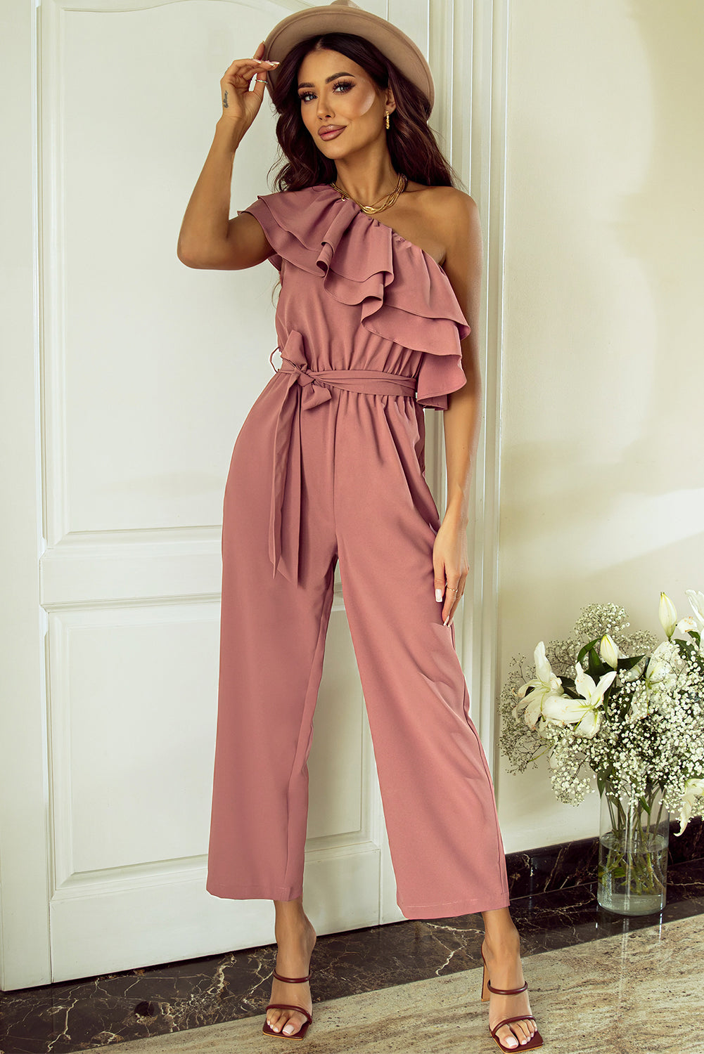 One Shoulder Ruffle Trim Belted Jumpsuit