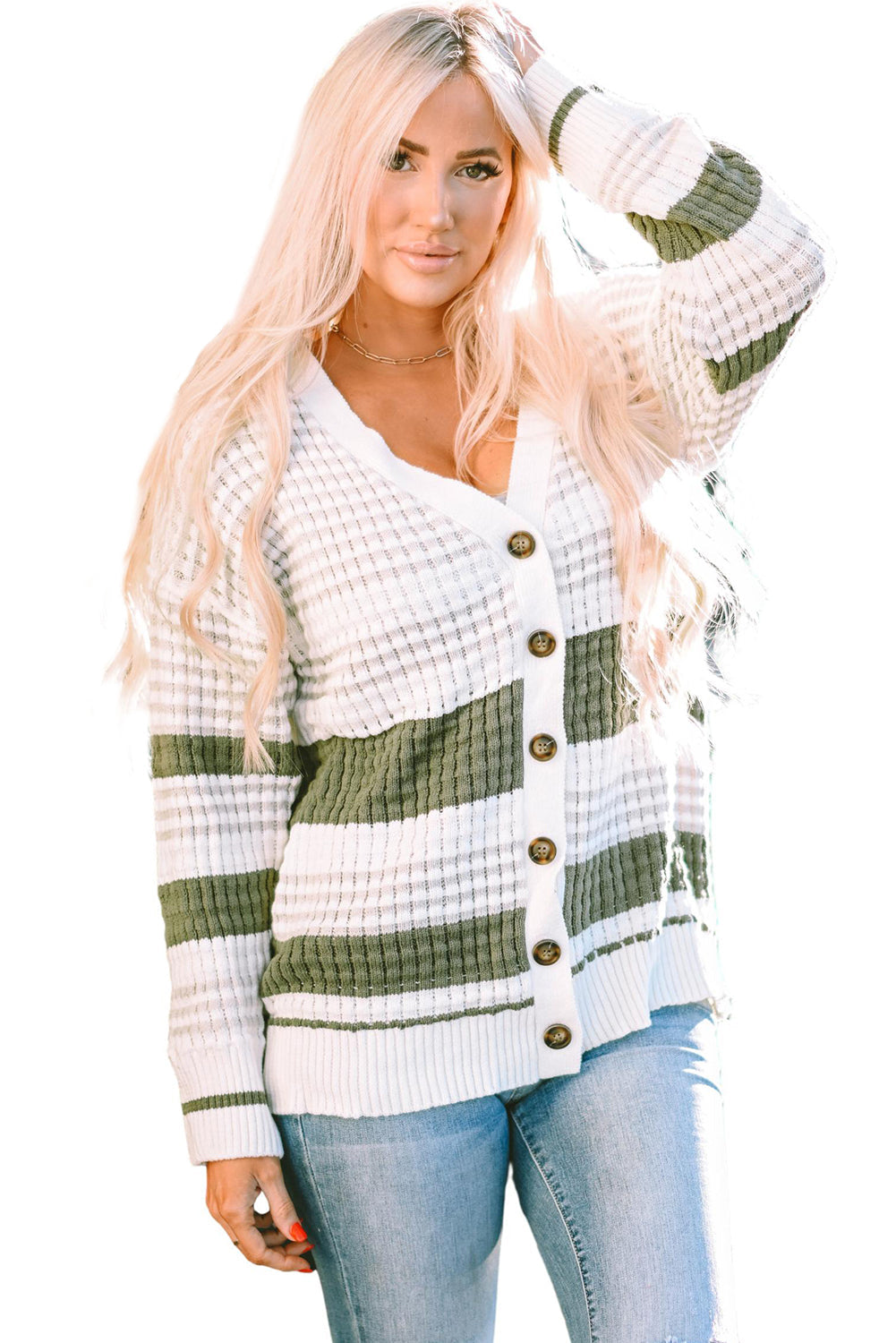 Colorblock Textured Knit Buttoned Cardigan