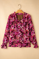 Floral Allover Print Drawstring Ruffled V Neck Loose Blouse