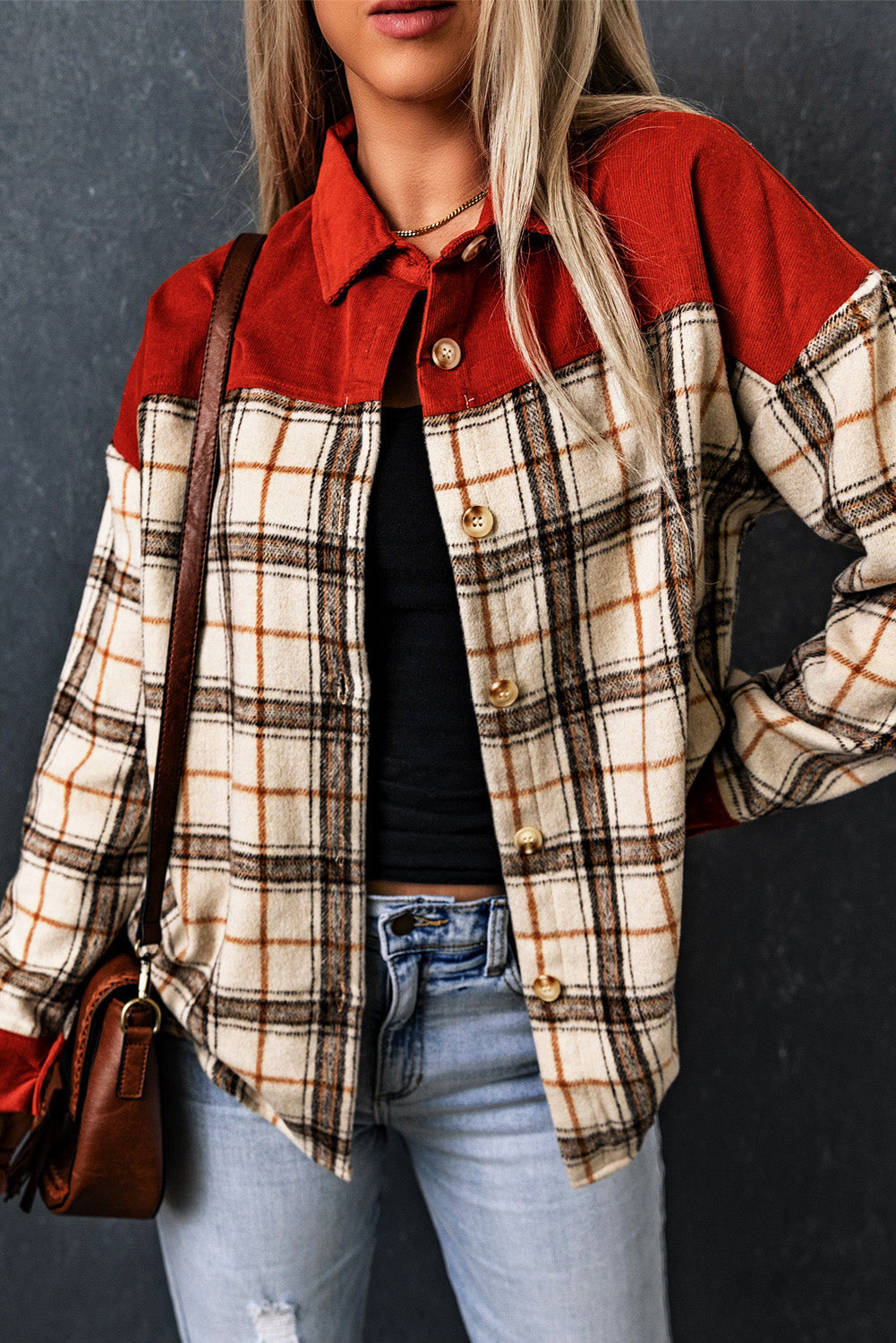 Orange Contrast Corduroy Plaid Shacket