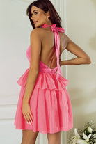 Gauze Ruffle Tiered Knotted Halter Dress