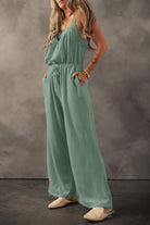 Knotted Straps Button Textured Drawstring Jumpsuit