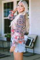 Mix Floral Balloon Sleeve Ruffled Cuff Blouse