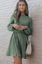 Button Neck Puff Sleeve Belted Pleated Mini Dress