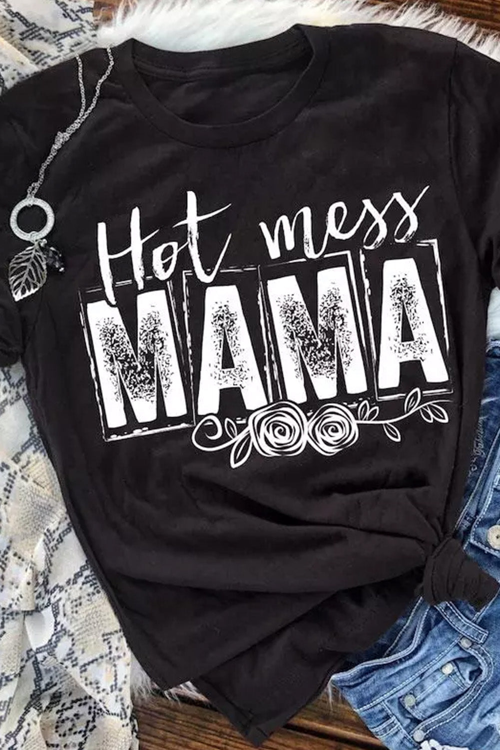 MAMA Hot Mess Graphic Print Short Sleeve T Shirt