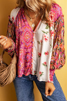 Floral Patchwork Shirred Cuff Buttoned V Neck Blouse