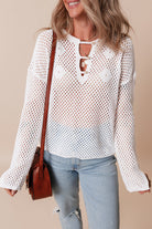 Open Knit Buttoned Neck Split Sleeve Sweater